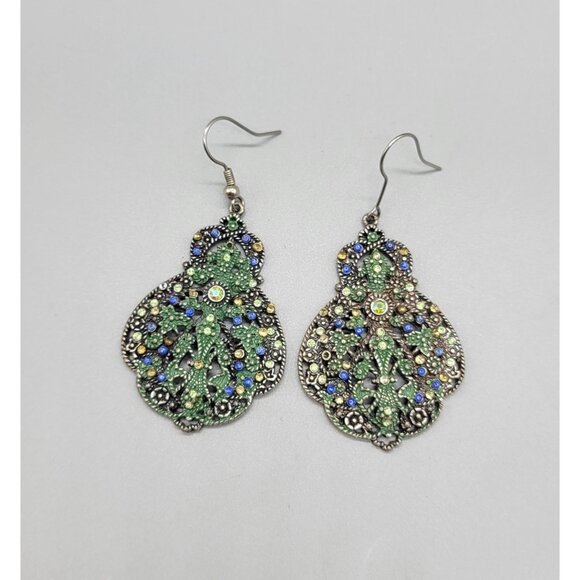 Avon Jewelry - Vintage Avon Signed Blue Green Rhinestone Dangle Drop Hook Earrings E1
